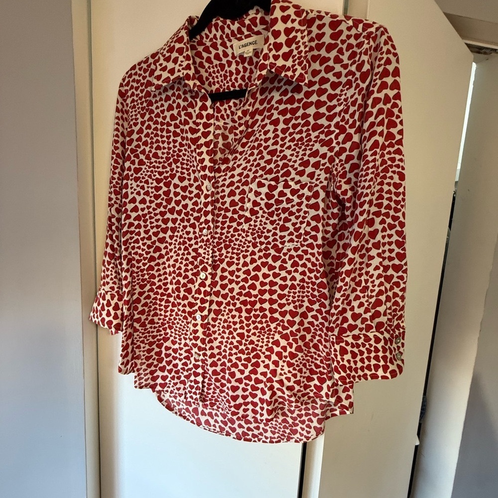 L'AGENCE Red and Cream Notched Collar Button Down Shirt